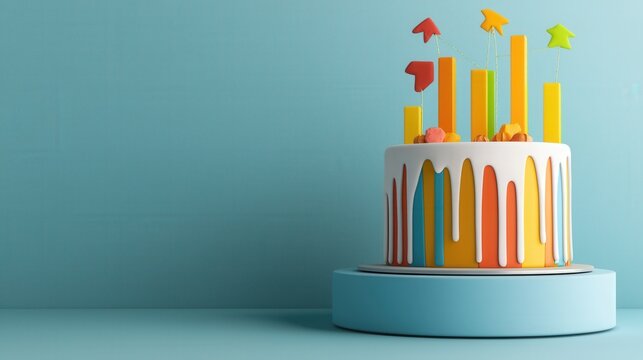 A vibrant birthday cake adorned with playful decorative toppers, perfect for celebrations. The sweet dessert captures joy and creativity in festive colors.