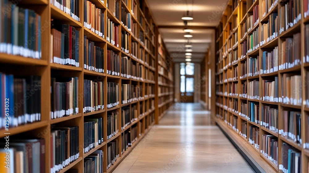 Poster aisle of books in a modern library with rows of shelves filled with colorful literature : generative