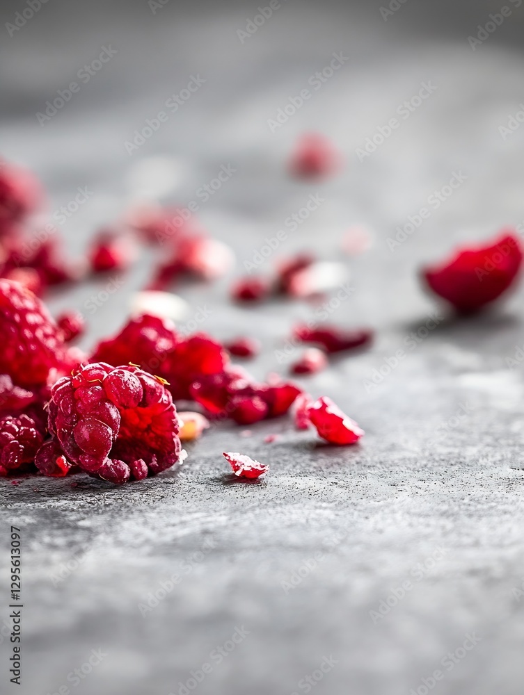Aufkleber Artfully Displaced Fresh Raspberry Fruits Scattered on a Gray Surface Creating a Tasty Visual Treat : Generative AI