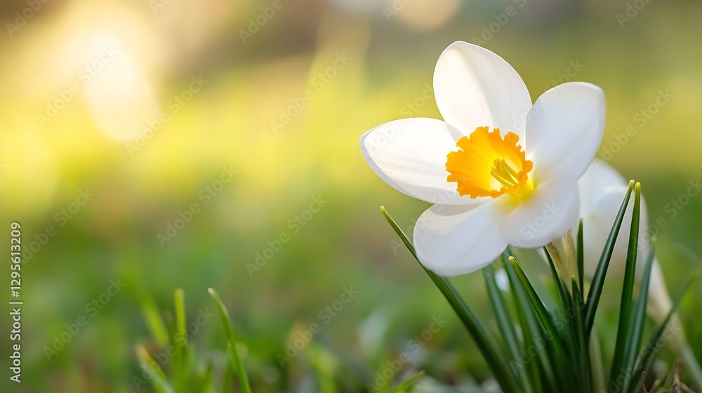 Poster Delicate blooming flower head with lush green grass and a soft glowing background creating a serene atmosphere : Generative AI