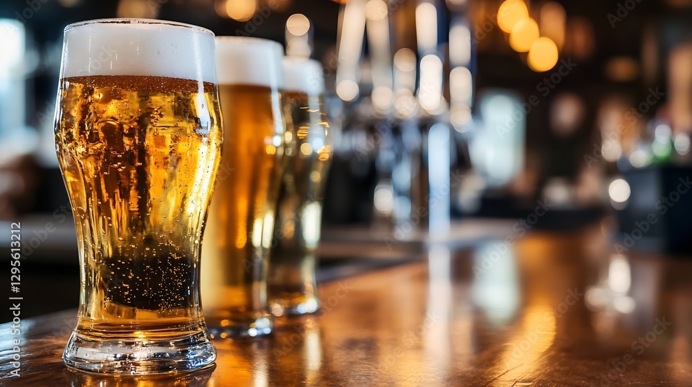 Poster refreshing glasses of beer with rich foam served in a vibrant bar setting perfect for social gatheri