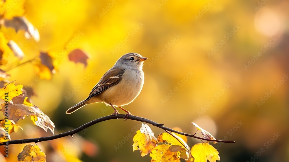 Poster small bird perched on a branch against a beautiful autumn background with golden leaves : generative