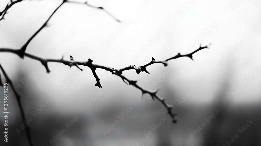 Poster artistic black and white image of a thorny branch highlighting nature's unique patterns : generative