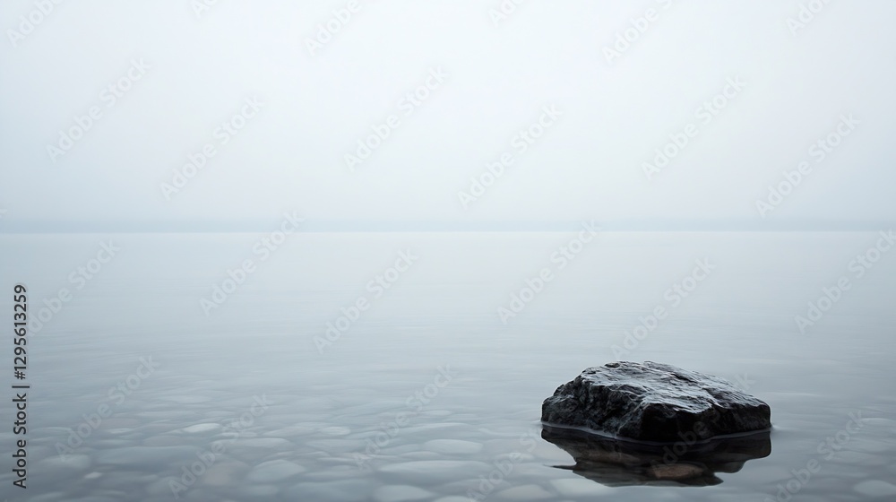 Poster tranquil scene of a solitary rock in calm waters under a hazy sky creating a serene landscape : gene