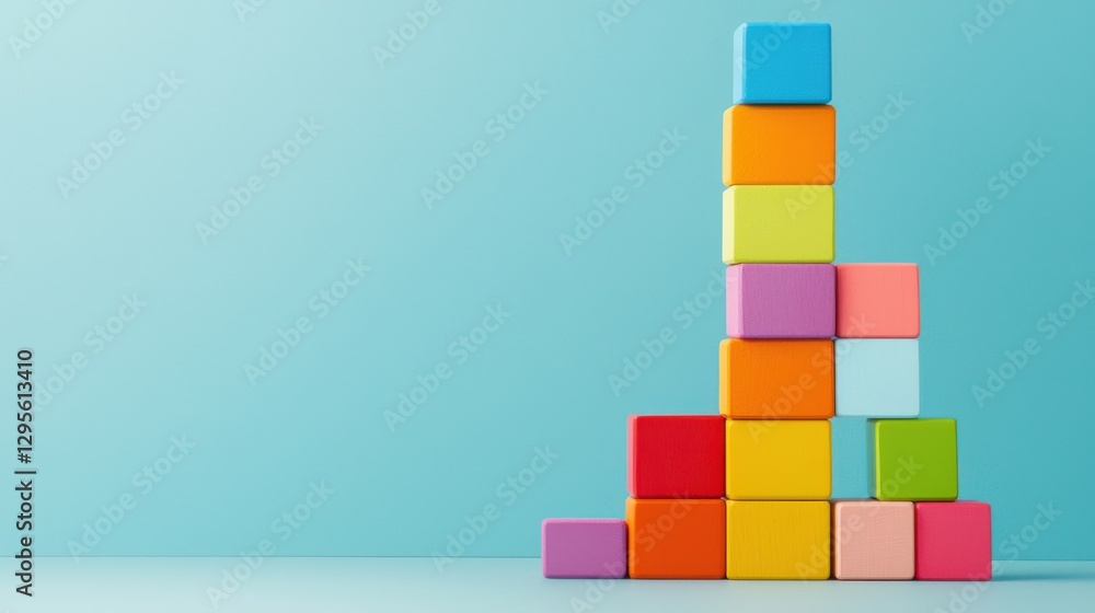 Poster vibrant and colorful building blocks arranged playfully against a soft blue background. perfect for 