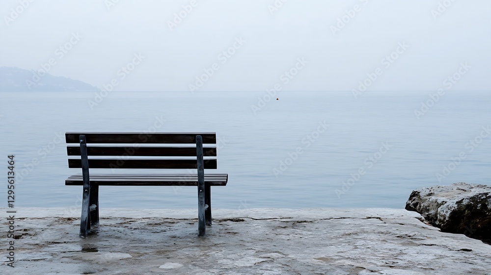 Poster serene coastal view featuring an empty wooden bench overlooking calm water on a peaceful day : gener