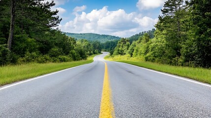 Fototapeta premium A winding road through lush green forests under a bright blue sky with fluffy clouds inviting a peaceful drive : Generative AI