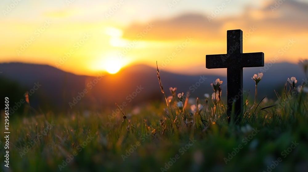 Poster silhouette of a cross in a field during sunset with flowers and lush greenery : generative ai