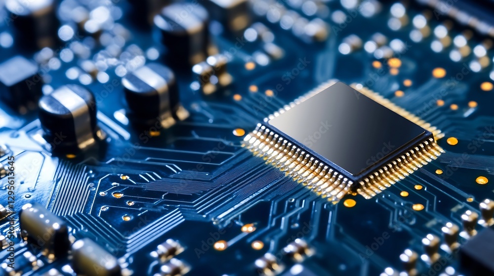 Leinwandbilder High Definition Close Up of Microchip on Electronic Circuit Board : Generative AI