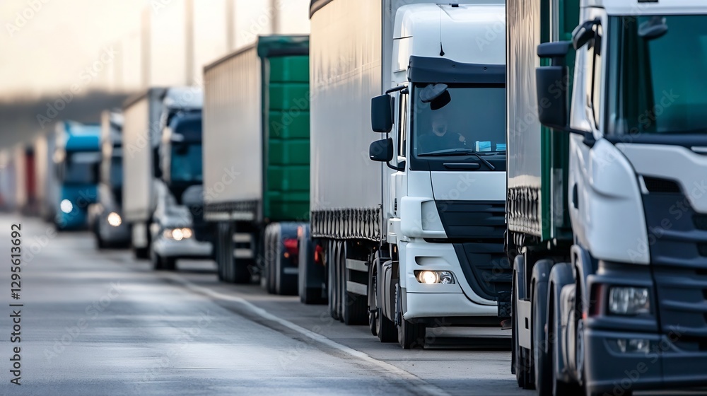 Poster traffic jam with large trucks on a busy highway during the golden hour of the evening : generative a