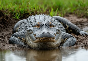 Fototapeta premium Close-up View of a Large Alligator Lying on the Bank of a Marshy Area, Showcasing Textured Skin and Intense Eyes in Natural Habitat