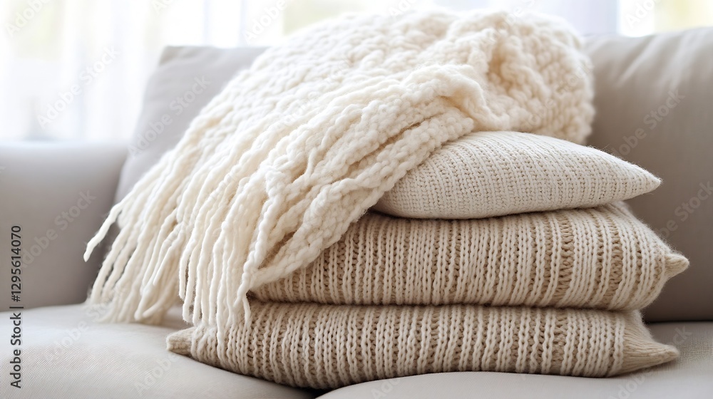 Poster soft and cozy knitted blankets and pillows stack on a modern couch : generative ai