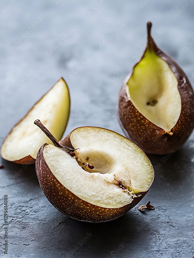 Poster Cut Open Pear Displaying Its Delicious Interior on a Light Grey Surface : Generative AI