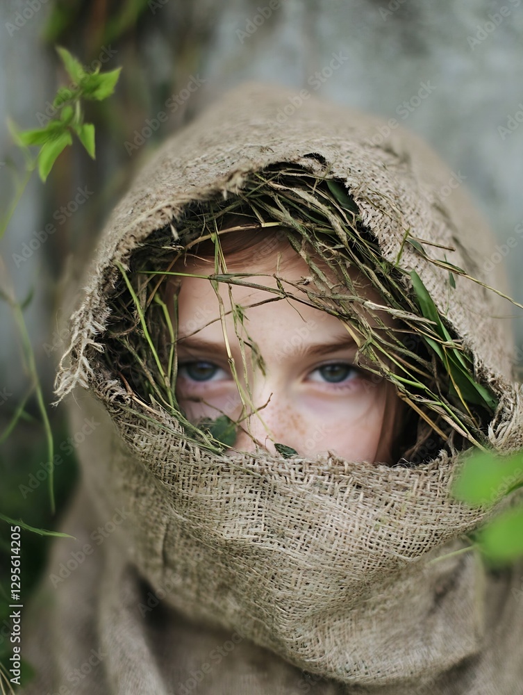 Aufkleber intriguing portrait of a girl in nature with ancient cloth and natural elements surrounding her : ge