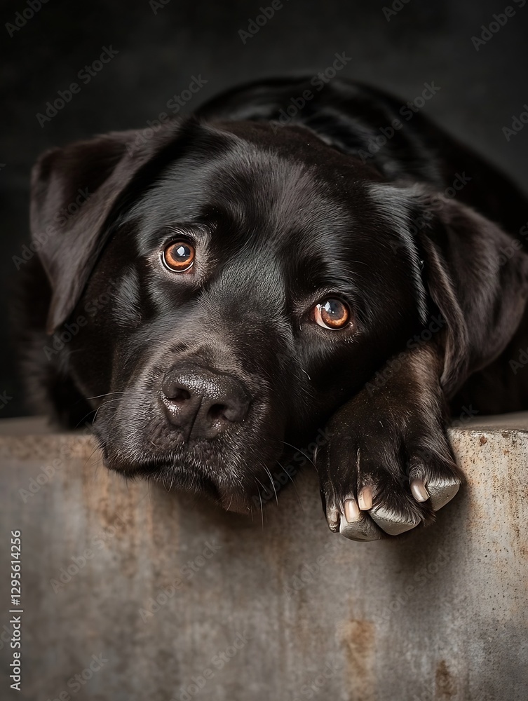 Poster heartfelt expression of a black labrador dog capturing pure emotion and innocence : generative ai
