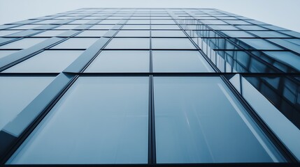 Obraz premium Modern office building with sleek glass facade viewed from below showcasing innovative architecture and urban development : Generative AI