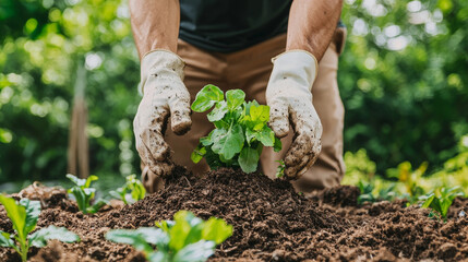 Fototapeta premium gardener planting young green plant in rich soil, showcasing dedication to gardening and nature