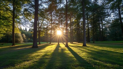 Obraz premium Breathtaking sunrise shining through tall trees in a lush green forest setting : Generative AI