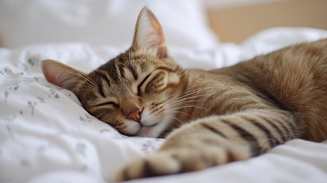 Adorable orange tabby cat peacefully sleeping on a soft bed with white linens in a cozy home environment : Generative AI - Powered by Adobe