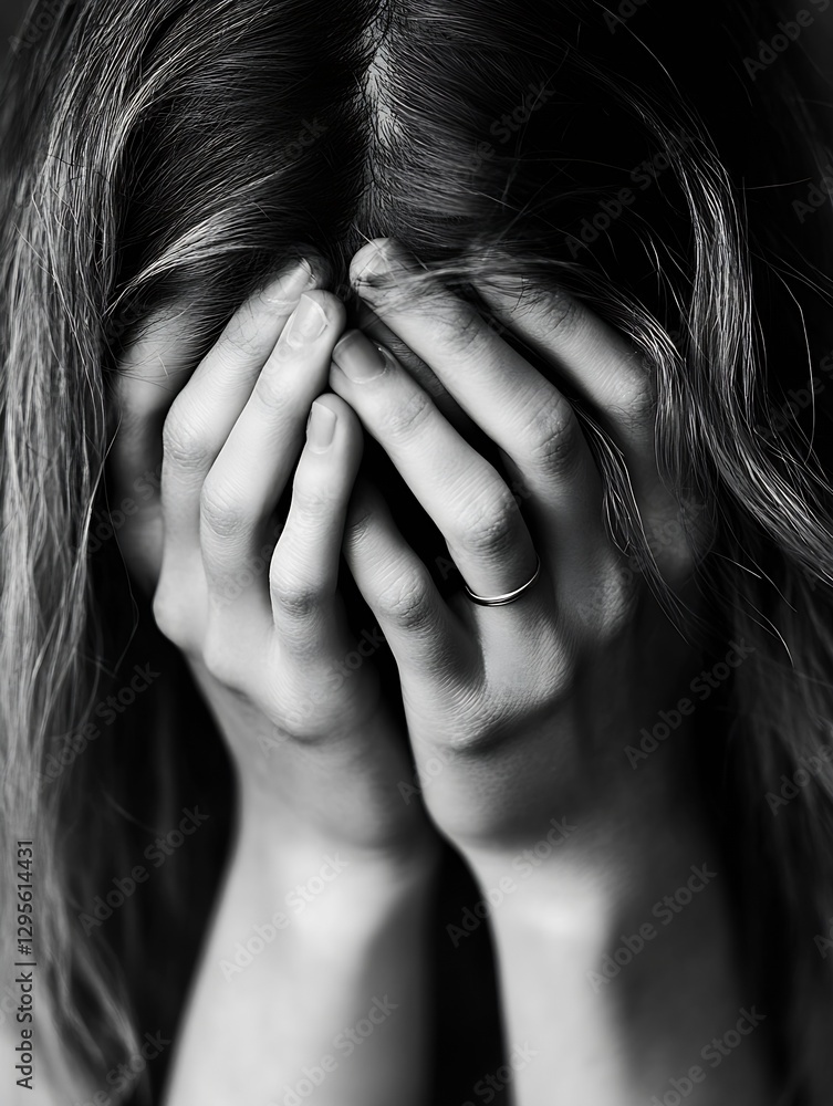 Poster closeup of a distressed individual covering their face with hands in black and white : generative ai