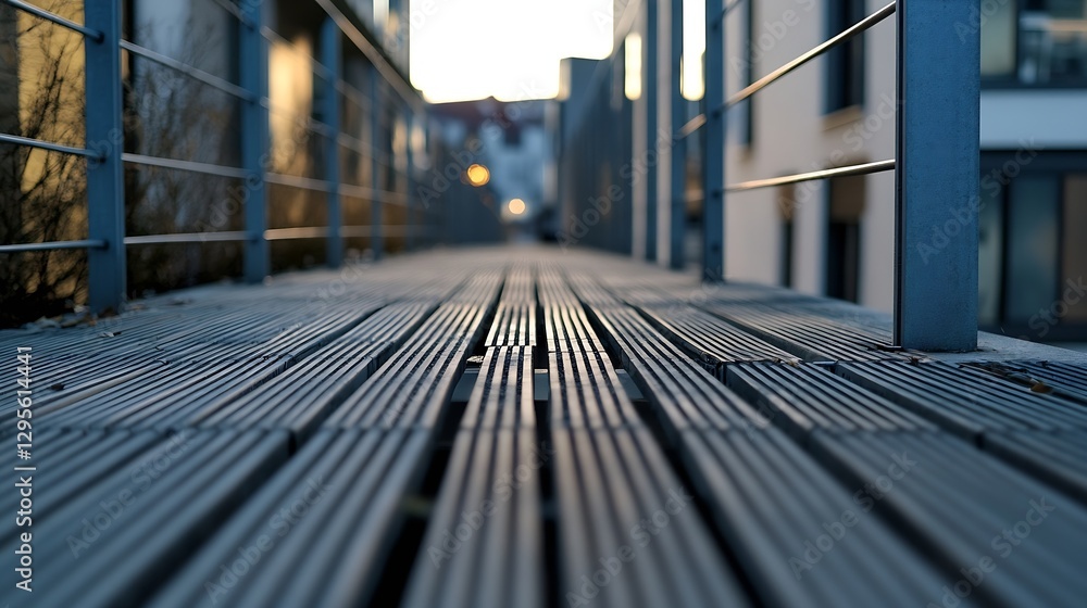 Poster a beautiful perspective view of a modern walkway with wooden planks and railings at sunset : generat