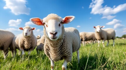 Naklejka premium Adorable Sheep Grazing Together Under Bright Blue Sky with Fluffy Clouds : Generative AI