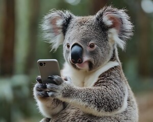 A koala looking at its smartphone in a natural setting