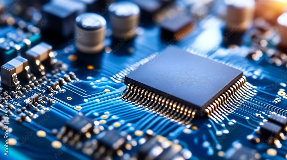 Poster Close up of a microchip on a blue circuit board showcasing advanced technology and intricate design : Generative AI