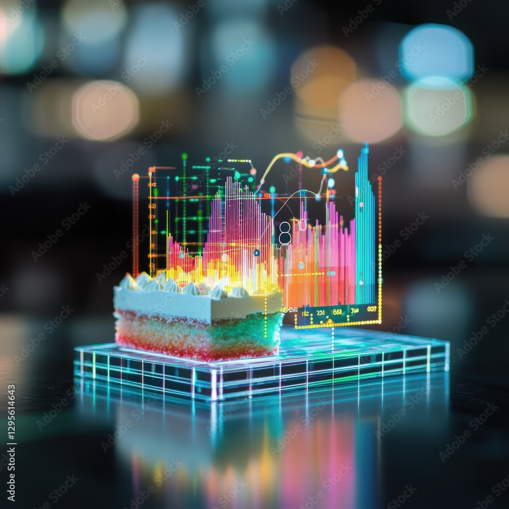 Poster a colorful dessert showcasing layers with digital data elements. this innovative cake design combine