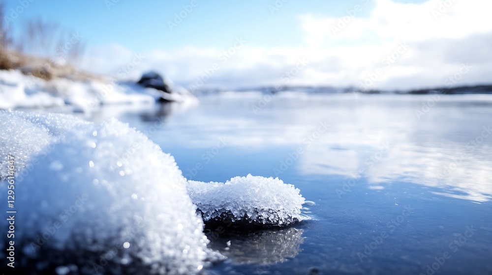 Poster closeup view of ice on a serene lake reflecting a clear blue sky : generative ai