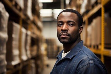 Obraz premium man in a blue shirt stands in a warehouse. He is looking at the camera. The warehouse is filled with boxes and shelves