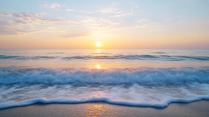 Obraz premium Soft Sunrise Over Ocean Waves at Dawn with Gentle Light and Serenity : Generative AI