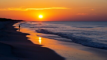 Obraz premium Stunning Sunset Reflections on Calm Ocean Waves with Silhouette of Person Walking on Beach : Generative AI