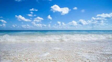 Fototapeta premium Peaceful view of a pristine beach with gentle waves and a clear blue sky on a bright sunny day : Generative AI