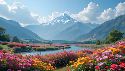 Wide five-color flower garden image with cloudy mountain background, clear sky, flowing river. Ai generated