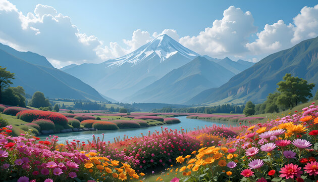 Wide five-color flower garden image with cloudy mountain background, clear sky, flowing river. Ai generated