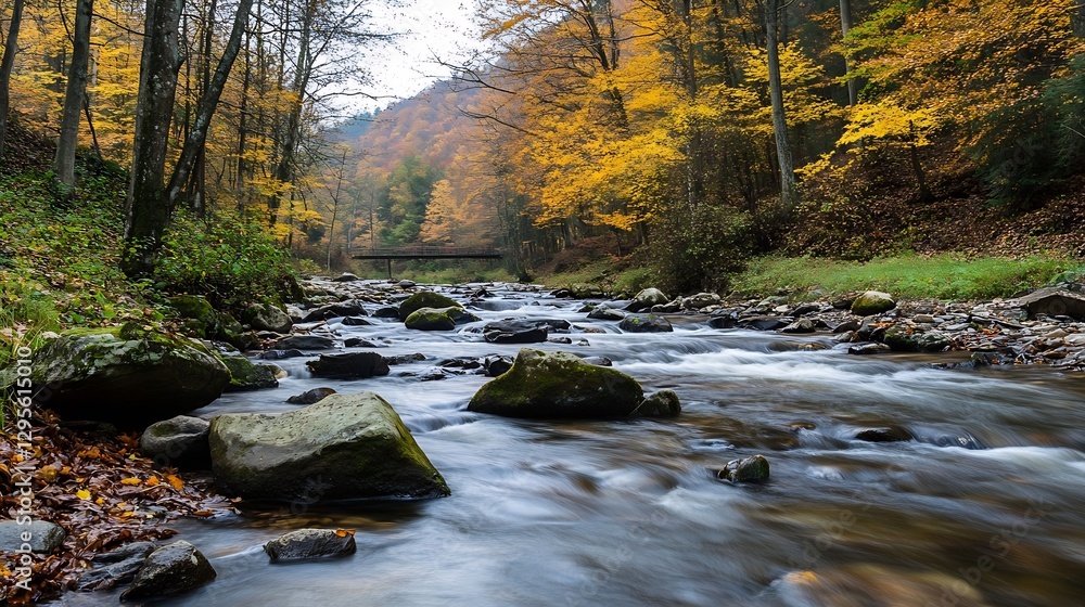 Aufkleber autumnal stream flowing through a colorful forest with golden leaves and rocks : generative ai
