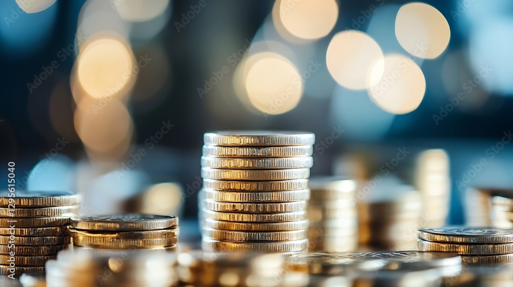 Aufkleber Stunning Close Up of Stacked Coins with Blurred Background and Light Bokeh Effects : Generative AI