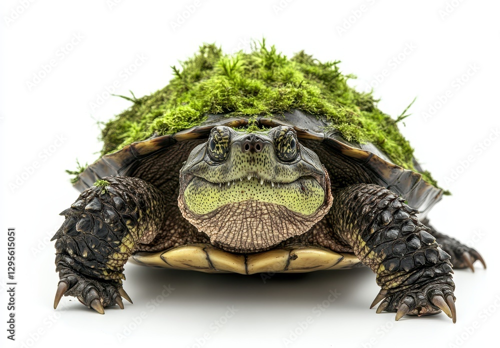 Poster close-up view of a moss-covered turtle on a white background showcasing unique texture and natural e