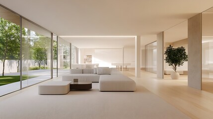 Elegant Modern Living Room Interior Design Featuring Large Windows and Minimalist Style : Generative AI