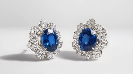 A pair of sapphire earrings set in white gold, displayed against a pristine white surface