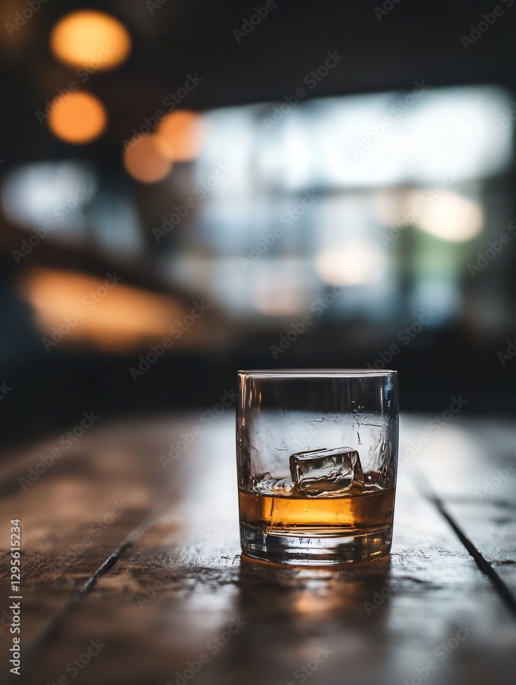 Poster classic glass of whiskey with ice cubes resting on a wooden table amid soft glowing lights : generat