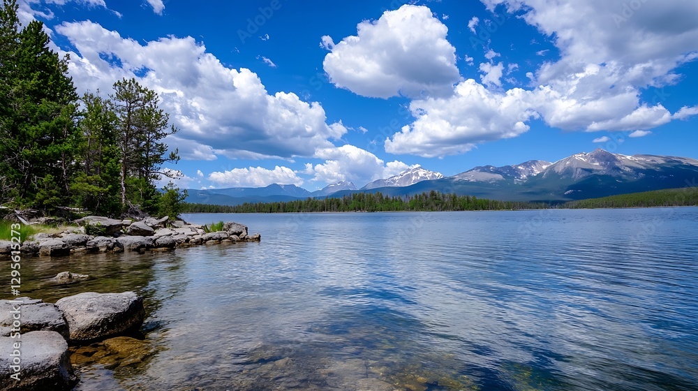 Poster beautiful lake surrounded by lush forest and dramatic clouds displaying nature's splendor : generati