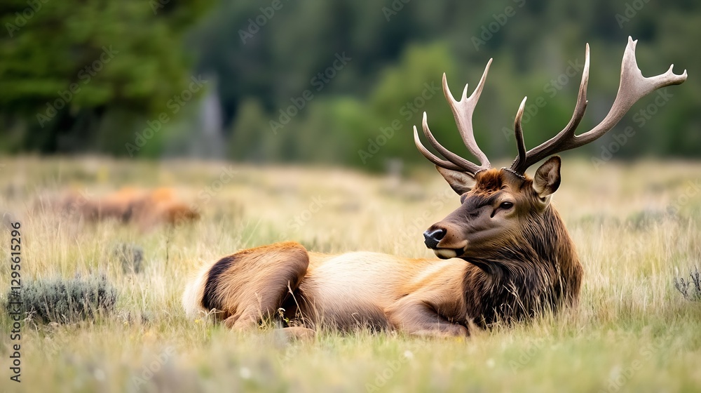 Poster majestic elk relaxing in natural habitat on a sunny day with idyllic wilderness in background : gene