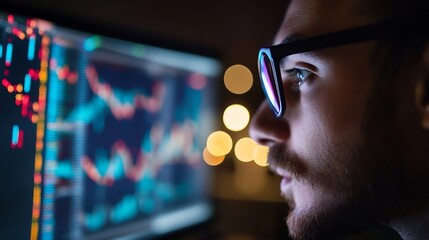 Focused young man analyzing financial data on a digital screen in a modern office environment : Generative AI