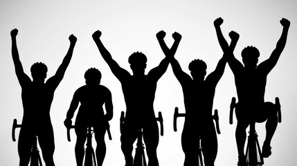 Fototapeta premium Silhouetted Cyclists Celebrating Victory on Bicycles at Sunset