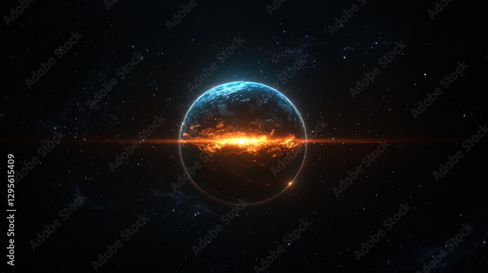 Poster planet with glowing horizon line in outer space, celestial background with stars