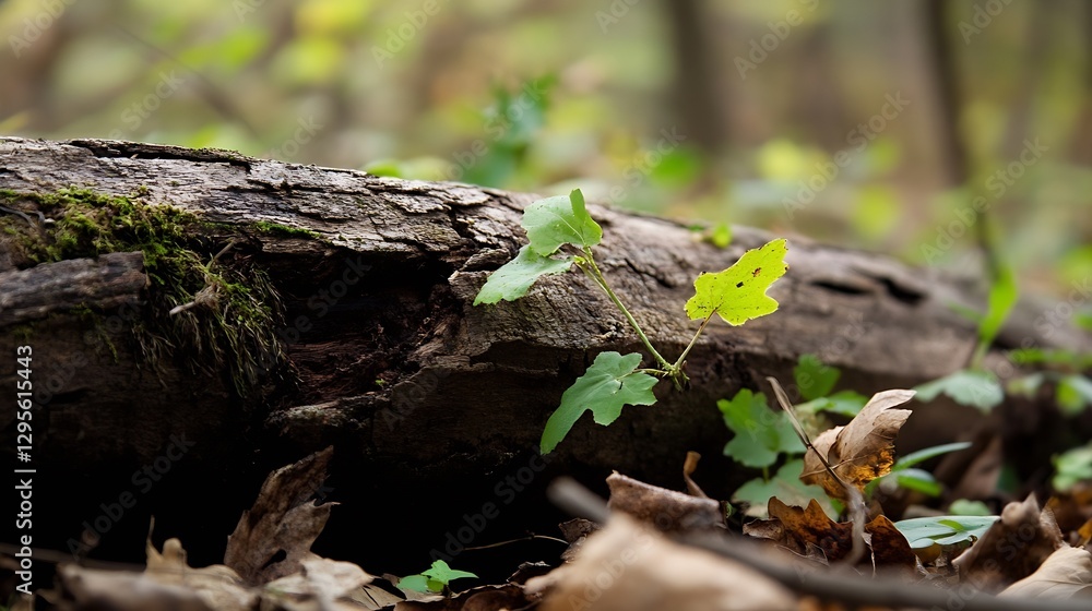 Poster fresh green leaves growing on an ancient fallen tree trunk surrounded by soft earthy tones in a peac