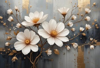 Obraz premium An abstract painting with flowers, branches, and gold elements on a grey background