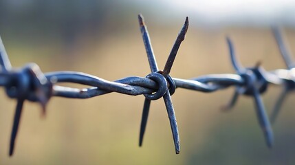 Close up of rusty barbed wire against a blurred green background : Generative AI